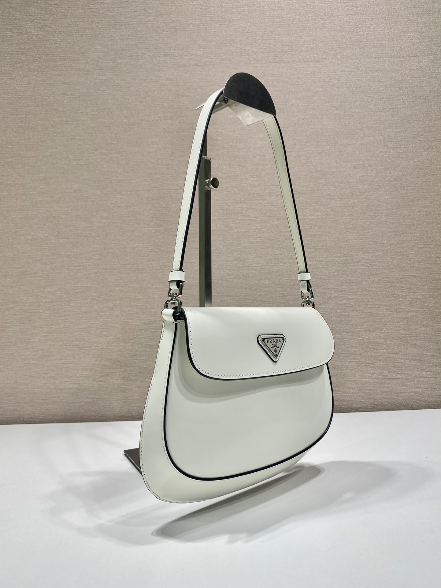 Prada Cleo Brushed Leather Shoulder Bag With Flap White 1BD311